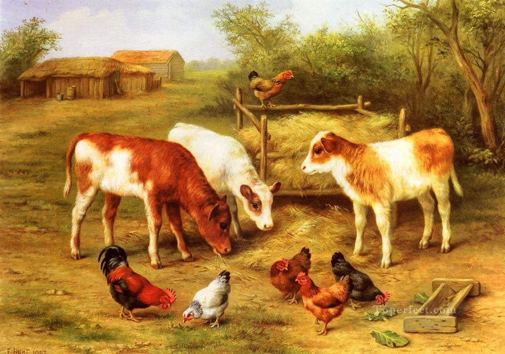 Calves And Chickens Feeding In A Farmyard poultry livestock barn Edgar Hunt Oil Paintings